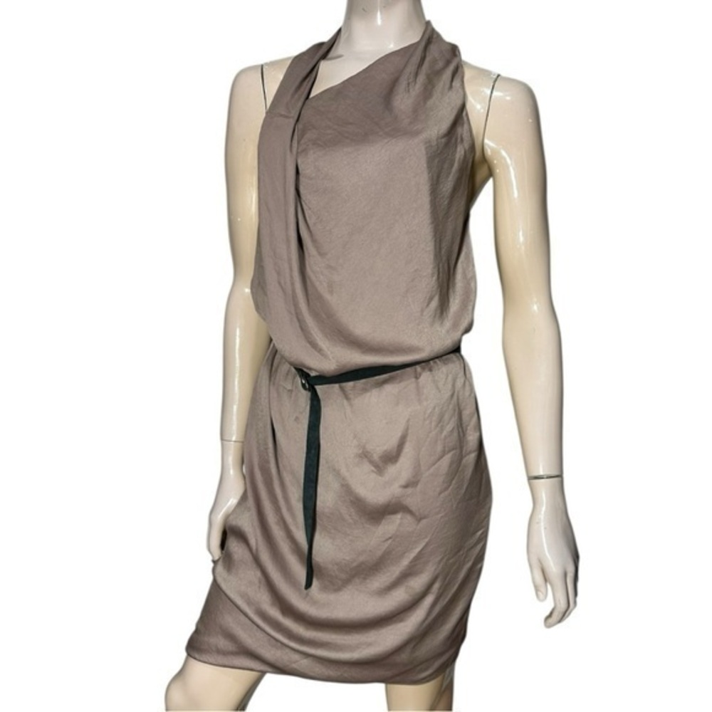 Helmut Lang Women’s 2 Taupe One Shoulder Slouchy Asymmetrical Belted Mini Dress